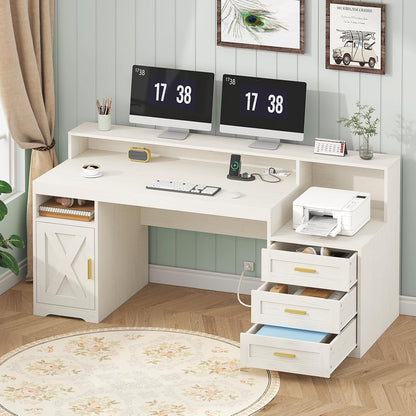 65" Farmhouse Computer Desk with Drawers and Printer Stand for Home Office