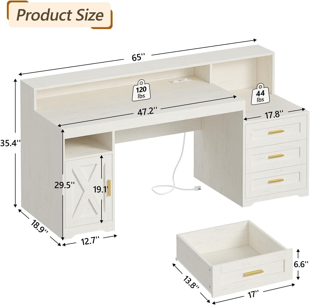 65" Farmhouse Computer Desk with Drawers and Printer Stand for Home Office