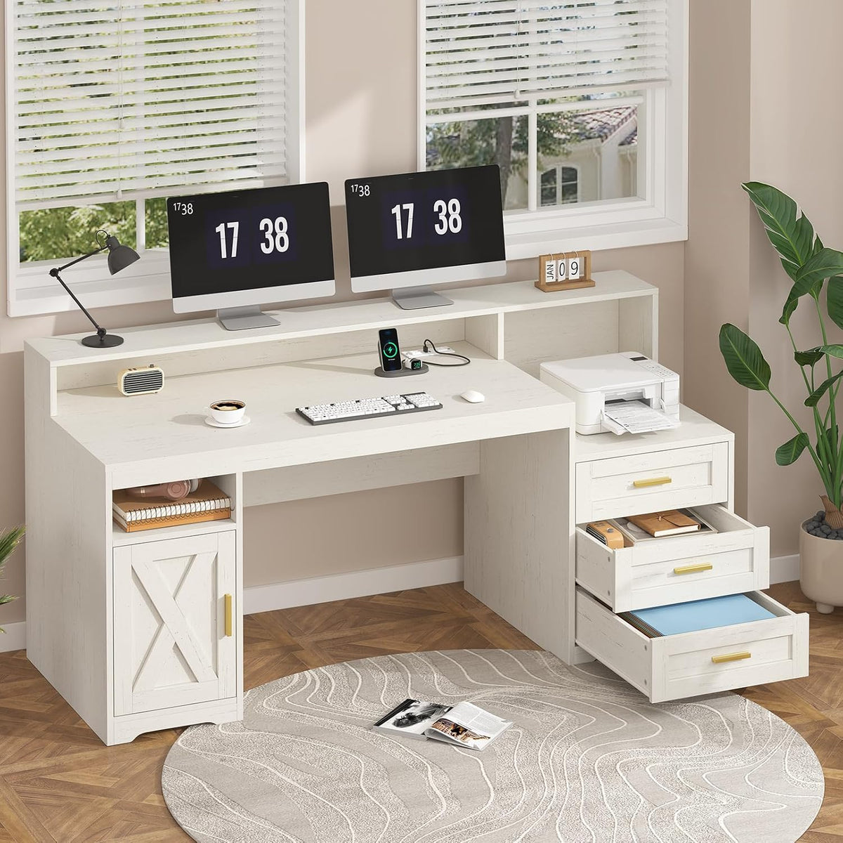 65" Farmhouse Computer Desk with Drawers and Printer Stand for Home Office