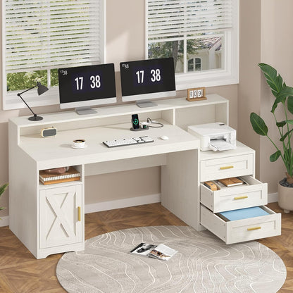 65" Farmhouse Computer Desk with Drawers and Printer Stand for Home Office