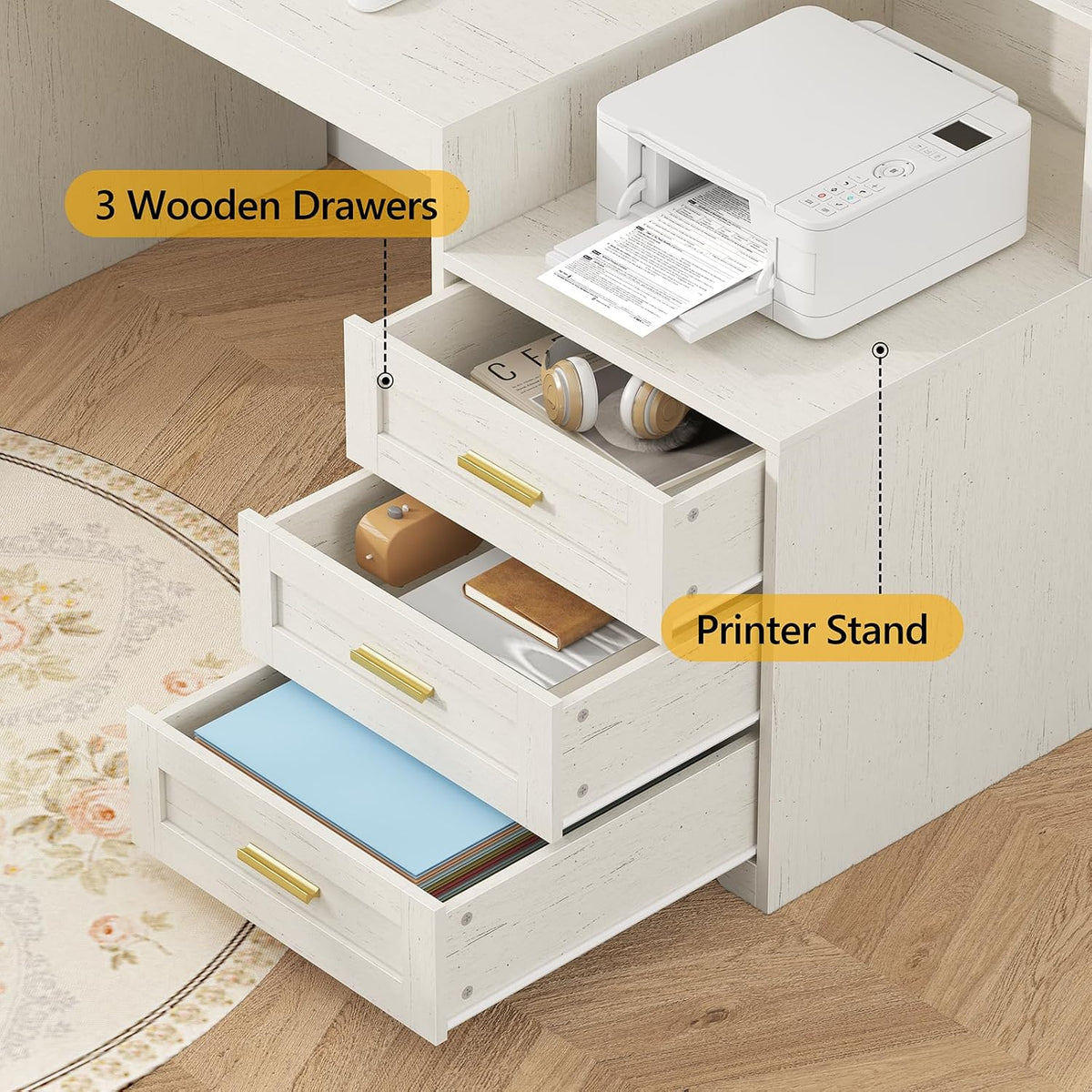 65" Farmhouse Computer Desk with Drawers and Printer Stand for Home Office