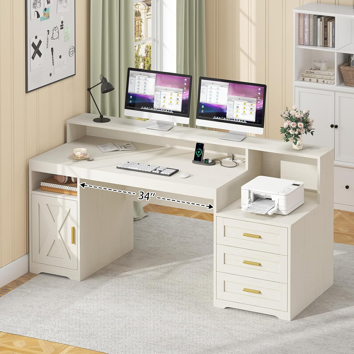 65" Farmhouse Computer Desk with Drawers and Printer Stand for Home Office