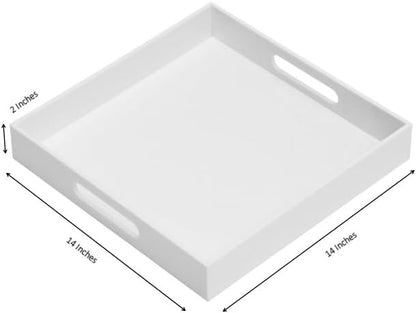 KEVLANG Glossy White Sturdy Acrylic Serving Tray with Handles-12x20 Inch-Serving Coffee Appetizer Breakfast-Kitchen Countertop Makeup Drawer Organizer-Vanity Table Ottoman Decorative Tray