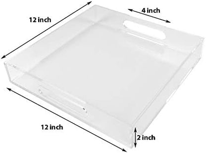 KEVLANG Glossy White Sturdy Acrylic Serving Tray with Handles-12x20 Inch-Serving Coffee Appetizer Breakfast-Kitchen Countertop Makeup Drawer Organizer-Vanity Table Ottoman Decorative Tray
