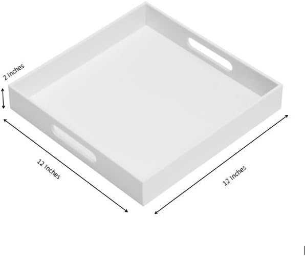KEVLANG Glossy White Sturdy Acrylic Serving Tray with Handles-12x20 Inch-Serving Coffee Appetizer Breakfast-Kitchen Countertop Makeup Drawer Organizer-Vanity Table Ottoman Decorative Tray