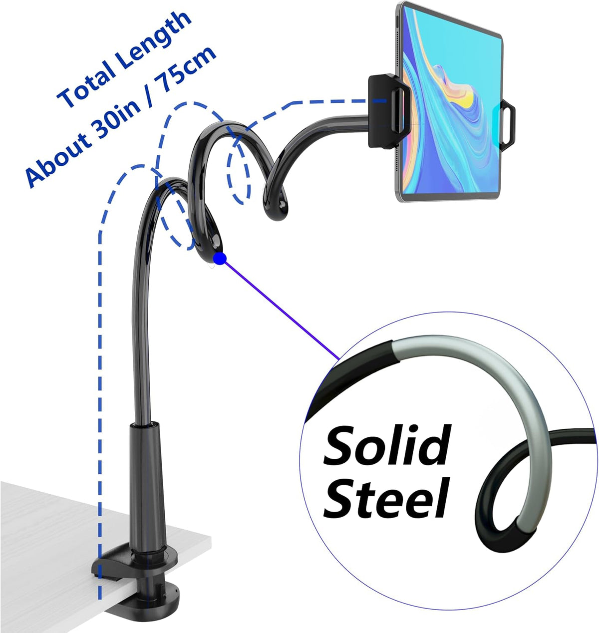 Gooseneck Tablet Holder for Bed, Reinforced Flexible Arm Tablet Stand with 360° Rotation, Hands-Free Clamp Mount for 4.7–13" iPad, Kindle, Galaxy Tab, Switch