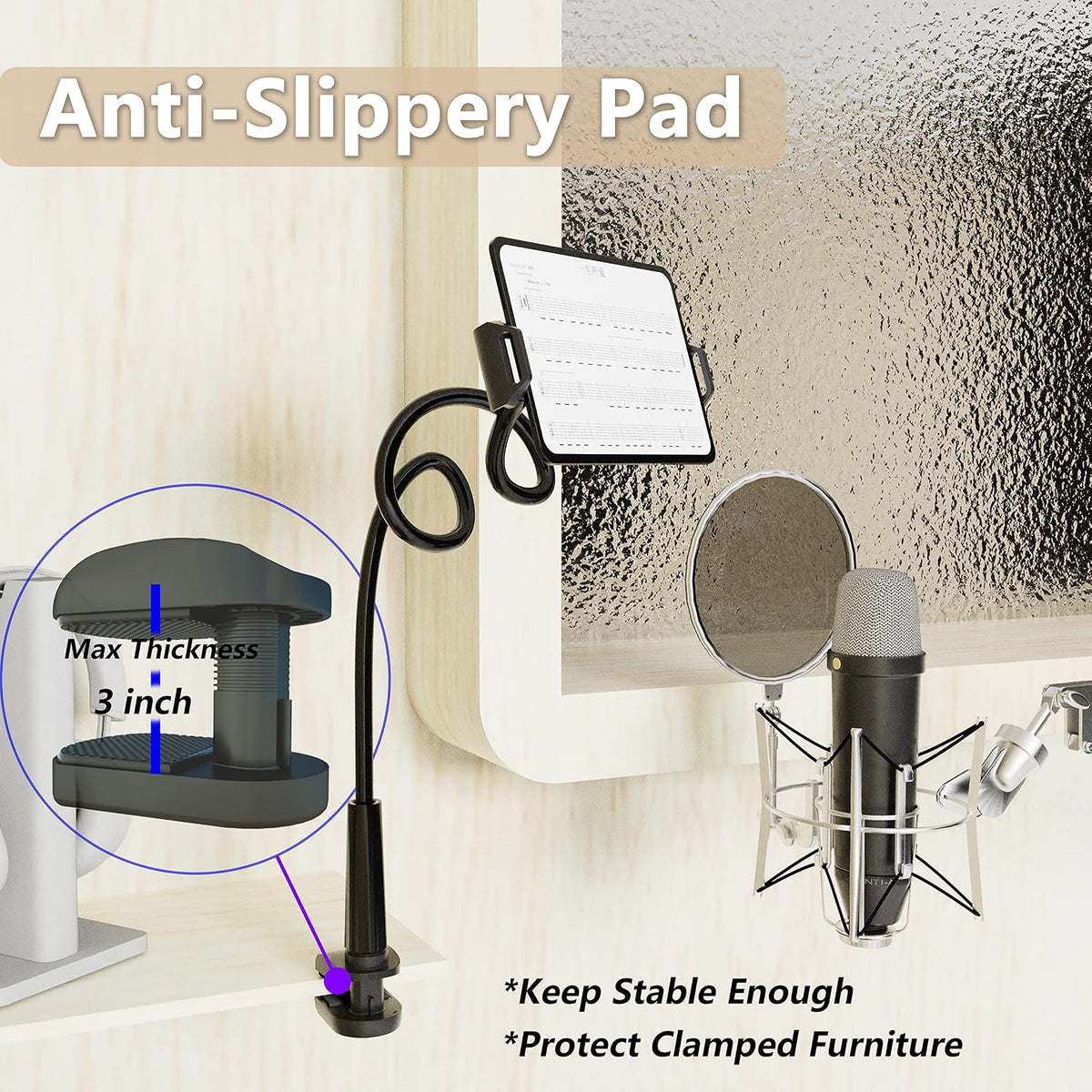 Gooseneck Tablet Holder for Bed, Reinforced Flexible Arm Tablet Stand with 360° Rotation, Hands-Free Clamp Mount for 4.7–13" iPad, Kindle, Galaxy Tab, Switch
