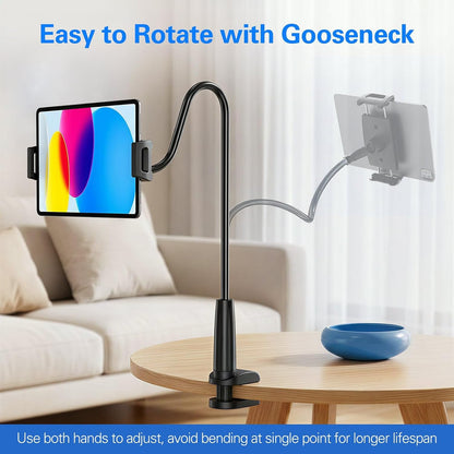 Gooseneck Tablet Holder for Bed, Reinforced Flexible Arm Tablet Stand with 360° Rotation, Hands-Free Clamp Mount for 4.7–13" iPad, Kindle, Galaxy Tab, Switch