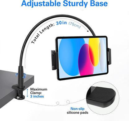 Gooseneck Tablet Holder for Bed, Reinforced Flexible Arm Tablet Stand with 360° Rotation, Hands-Free Clamp Mount for 4.7–13" iPad, Kindle, Galaxy Tab, Switch