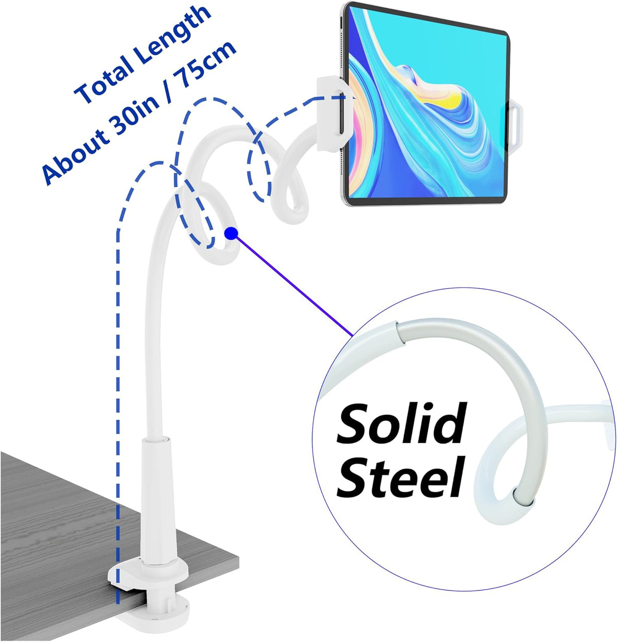 Gooseneck Tablet Holder for Bed, Reinforced Flexible Arm Tablet Stand with 360° Rotation, Hands-Free Clamp Mount for 4.7–13" iPad, Kindle, Galaxy Tab, Switch