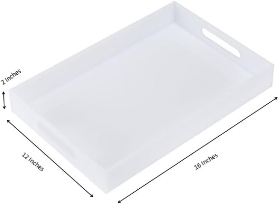 KEVLANG Glossy White Sturdy Acrylic Serving Tray with Handles-12x20 Inch-Serving Coffee Appetizer Breakfast-Kitchen Countertop Makeup Drawer Organizer-Vanity Table Ottoman Decorative Tray