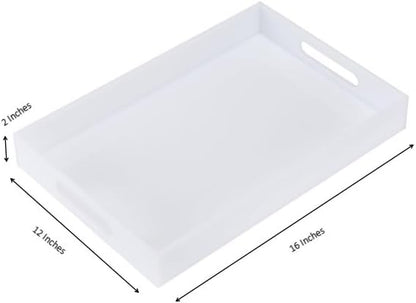 KEVLANG Glossy White Sturdy Acrylic Serving Tray with Handles-12x20 Inch-Serving Coffee Appetizer Breakfast-Kitchen Countertop Makeup Drawer Organizer-Vanity Table Ottoman Decorative Tray
