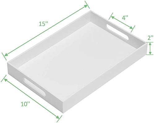 KEVLANG Glossy White Sturdy Acrylic Serving Tray with Handles-12x20 Inch-Serving Coffee Appetizer Breakfast-Kitchen Countertop Makeup Drawer Organizer-Vanity Table Ottoman Decorative Tray