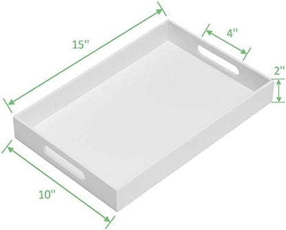 KEVLANG Glossy White Sturdy Acrylic Serving Tray with Handles-12x20 Inch-Serving Coffee Appetizer Breakfast-Kitchen Countertop Makeup Drawer Organizer-Vanity Table Ottoman Decorative Tray