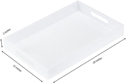 KEVLANG Glossy White Sturdy Acrylic Serving Tray with Handles-12x20 Inch-Serving Coffee Appetizer Breakfast-Kitchen Countertop Makeup Drawer Organizer-Vanity Table Ottoman Decorative Tray
