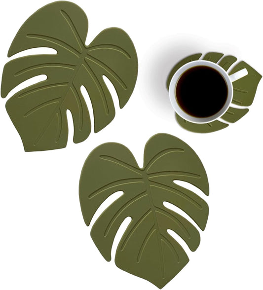 2PCS Fun Silicone Coasters, Cute Monstera Leaf Coaster for Cup Desk Decor