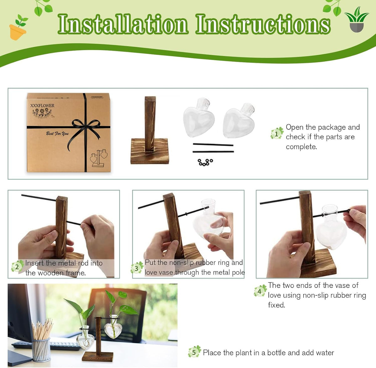 Plant Propagation Station Terrarium Wooden Stand 2 Love Bulb Vase