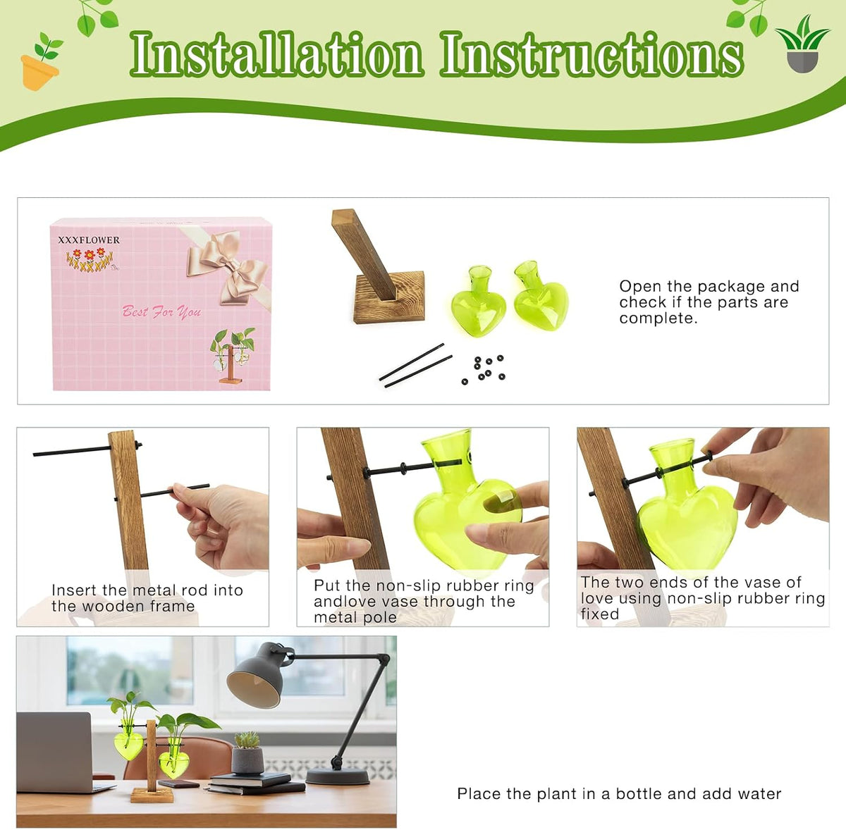 Plant Propagation Station Terrarium Wooden Stand 2 Love Bulb Vase
