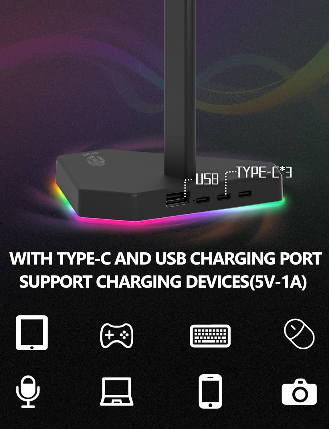 RGB Headphones Stand with 1 USB-C Data Transmission& 3 Type-C Charging Port, Desk Gaming Headset Holder with 7 Light Modes and Non-Slip Rubber Base (Black)