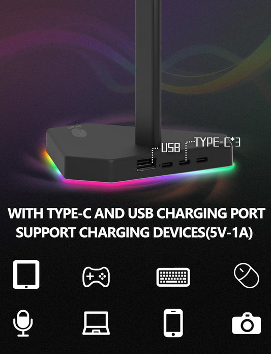 RGB Headphones Stand with 1 USB-C Data Transmission& 3 Type-C Charging Port, Desk Gaming Headset Holder with 7 Light Modes and Non-Slip Rubber Base (Black)