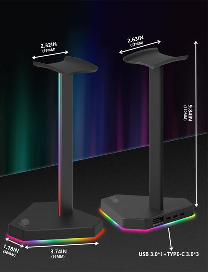 RGB Headphones Stand with 1 USB-C Data Transmission& 3 Type-C Charging Port, Desk Gaming Headset Holder with 7 Light Modes and Non-Slip Rubber Base (Black)