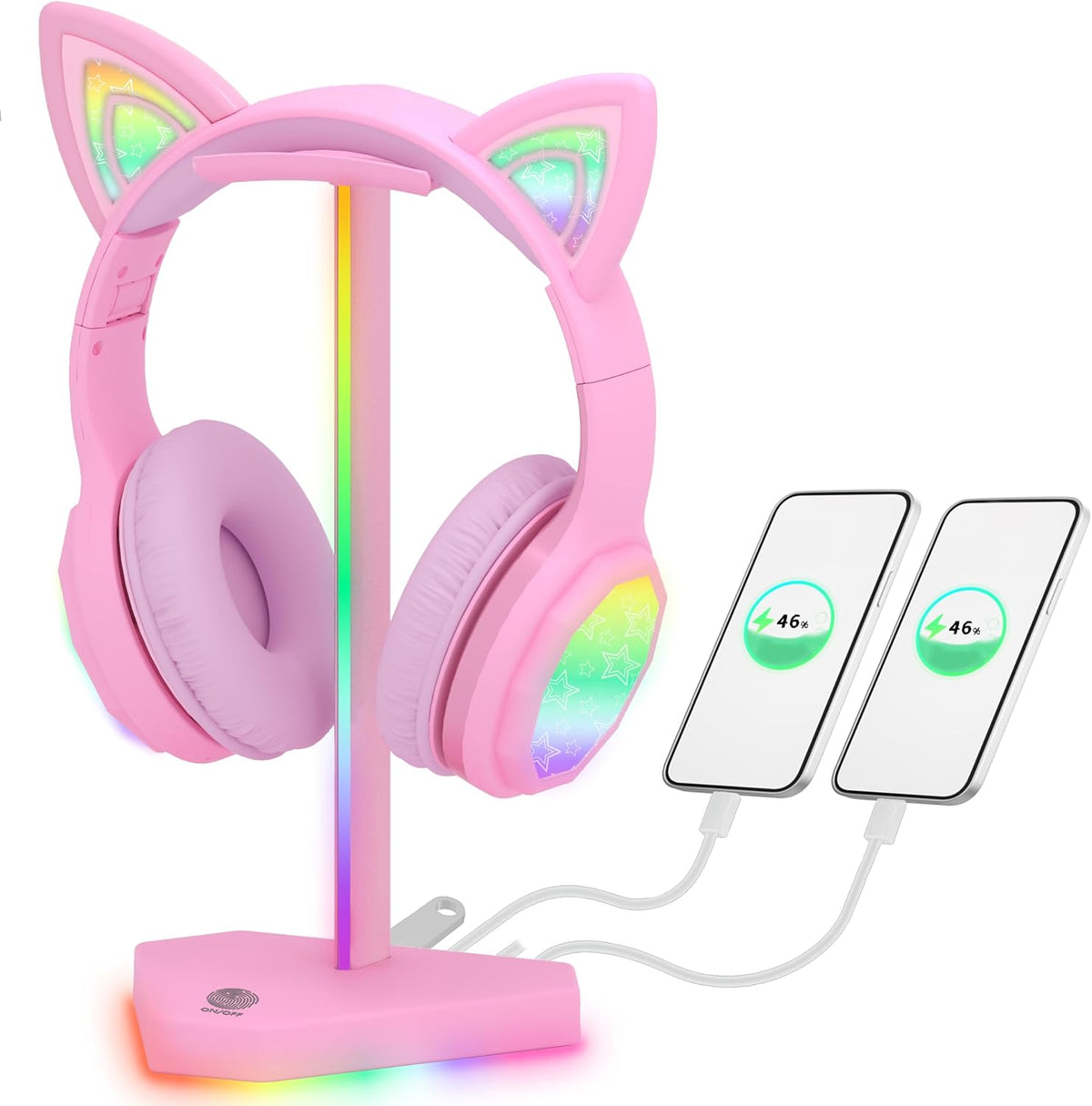 RGB Headphones Stand with 1 USB-C Data Transmission& 3 Type-C Charging Port, Desk Gaming Headset Holder with 7 Light Modes and Non-Slip Rubber Base (Black)