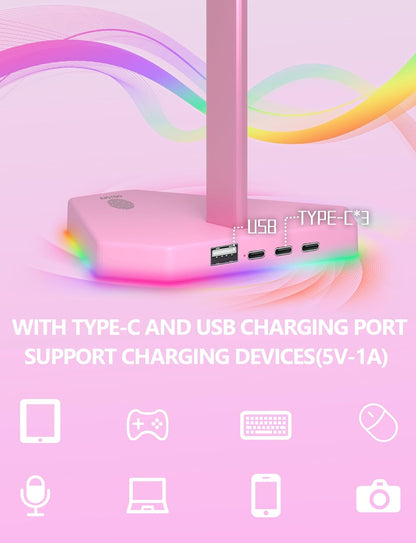 RGB Headphones Stand with 1 USB-C Data Transmission& 3 Type-C Charging Port, Desk Gaming Headset Holder with 7 Light Modes and Non-Slip Rubber Base (Black)