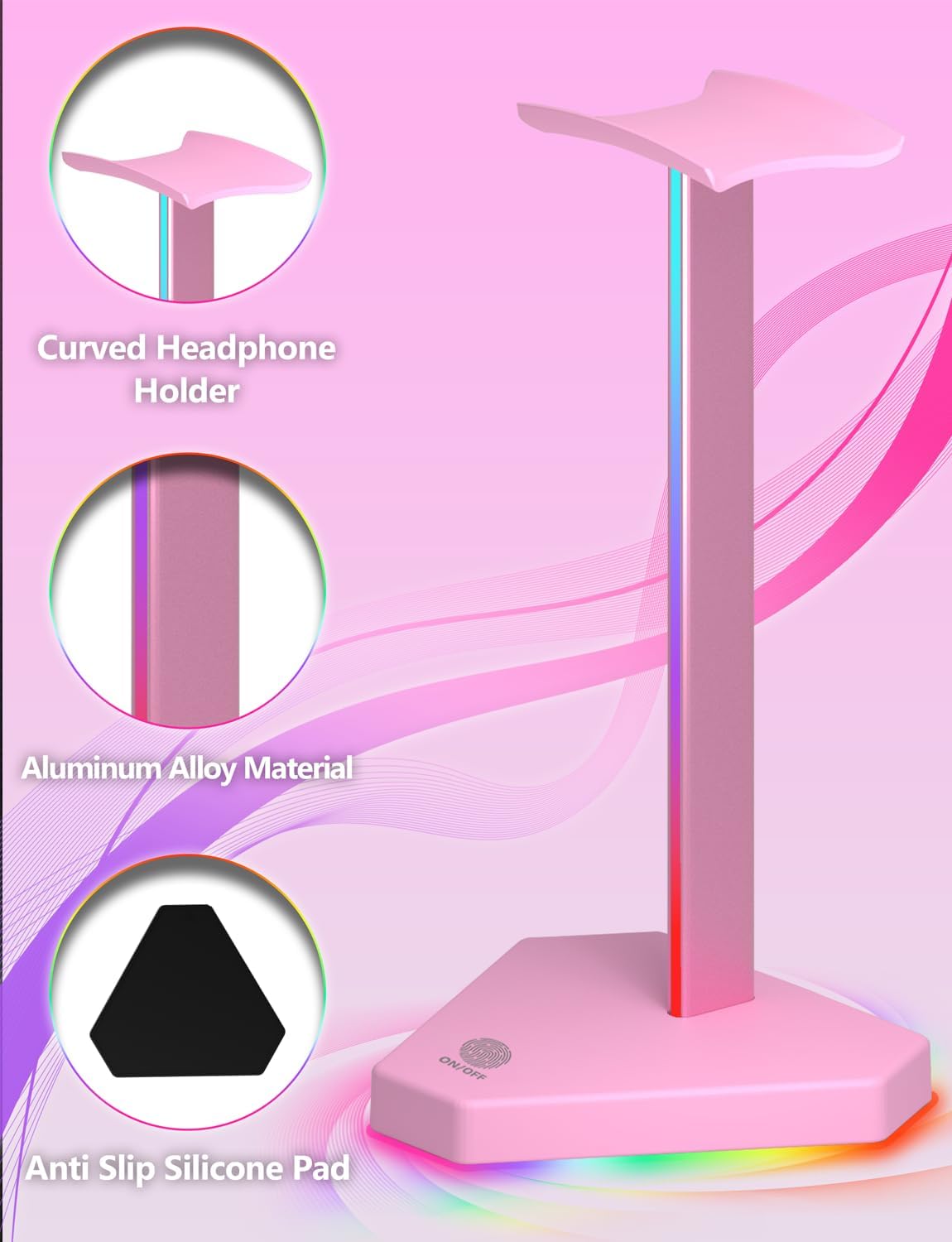 RGB Headphones Stand with 1 USB-C Data Transmission& 3 Type-C Charging Port, Desk Gaming Headset Holder with 7 Light Modes and Non-Slip Rubber Base (Black)