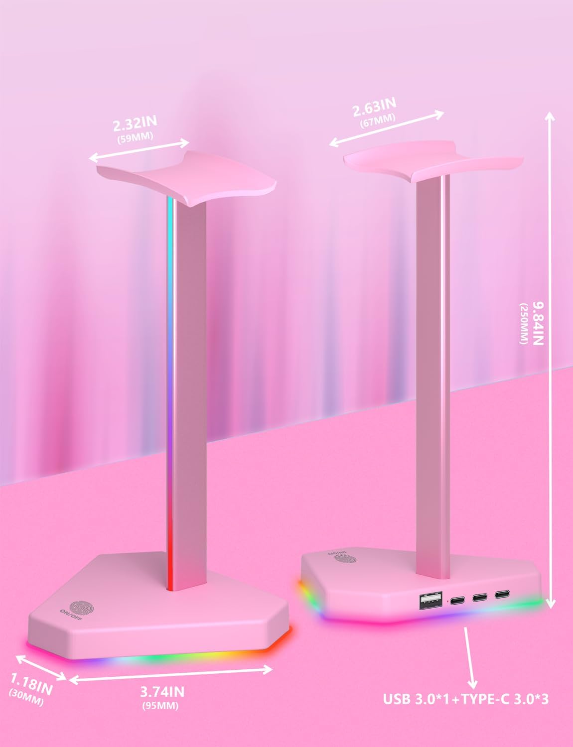 RGB Headphones Stand with 1 USB-C Data Transmission& 3 Type-C Charging Port, Desk Gaming Headset Holder with 7 Light Modes and Non-Slip Rubber Base (Black)