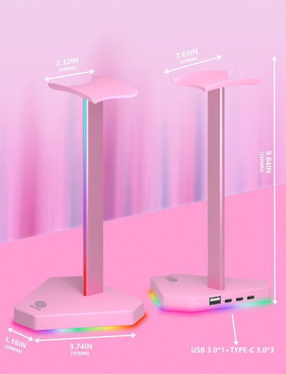 RGB Headphones Stand with 1 USB-C Data Transmission& 3 Type-C Charging Port, Desk Gaming Headset Holder with 7 Light Modes and Non-Slip Rubber Base (Black)