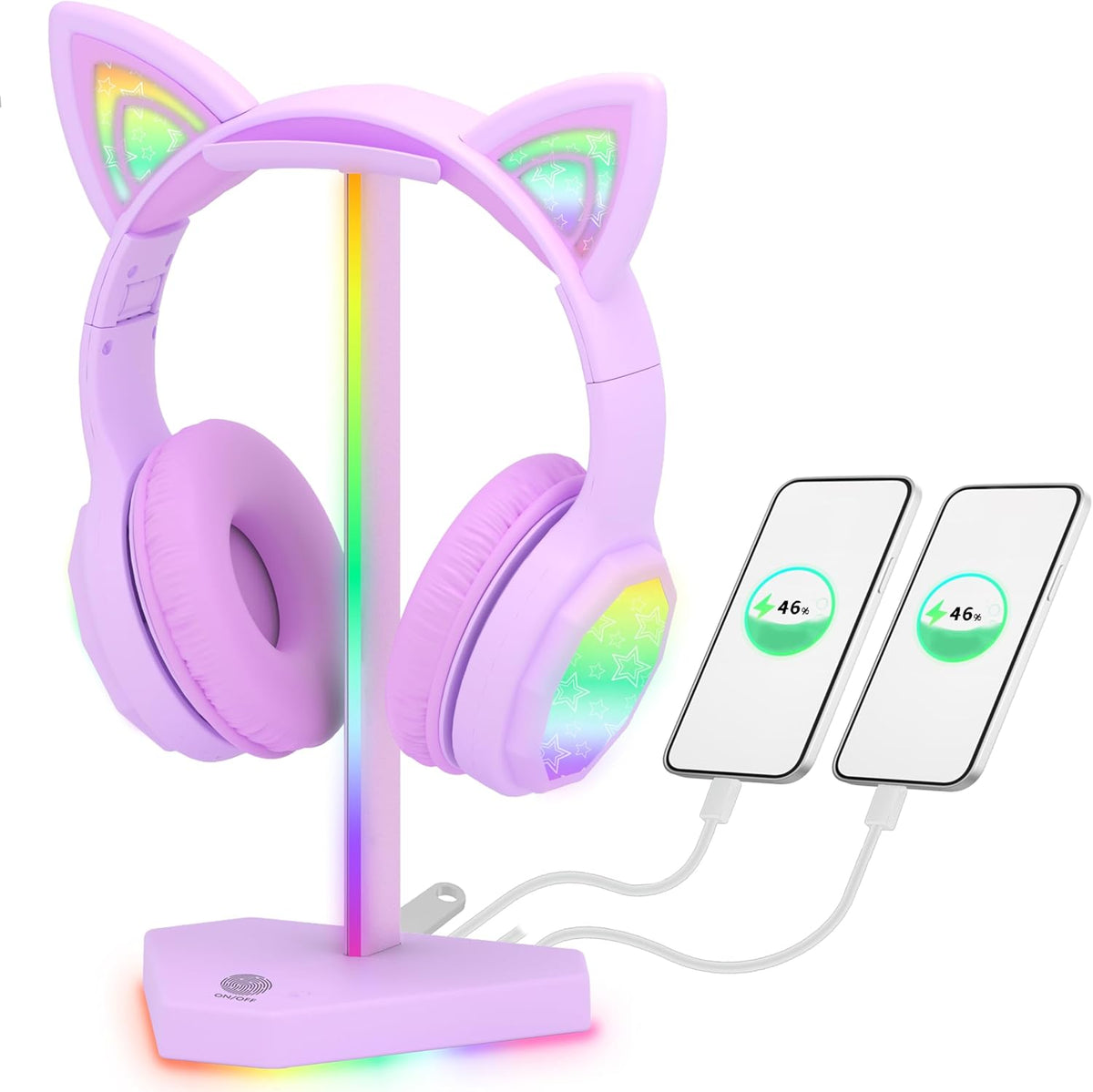 RGB Headphones Stand with 1 USB-C Data Transmission& 3 Type-C Charging Port, Desk Gaming Headset Holder with 7 Light Modes and Non-Slip Rubber Base (Black)