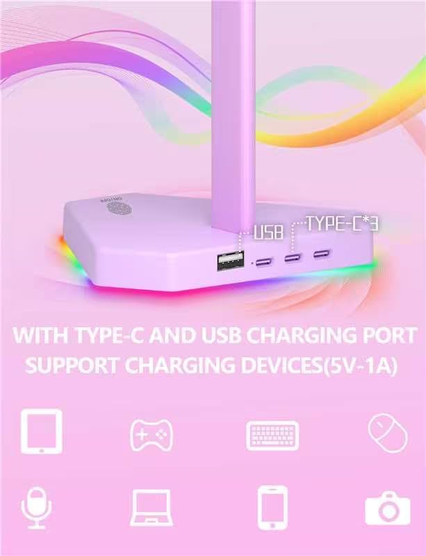 RGB Headphones Stand with 1 USB-C Data Transmission& 3 Type-C Charging Port, Desk Gaming Headset Holder with 7 Light Modes and Non-Slip Rubber Base (Black)