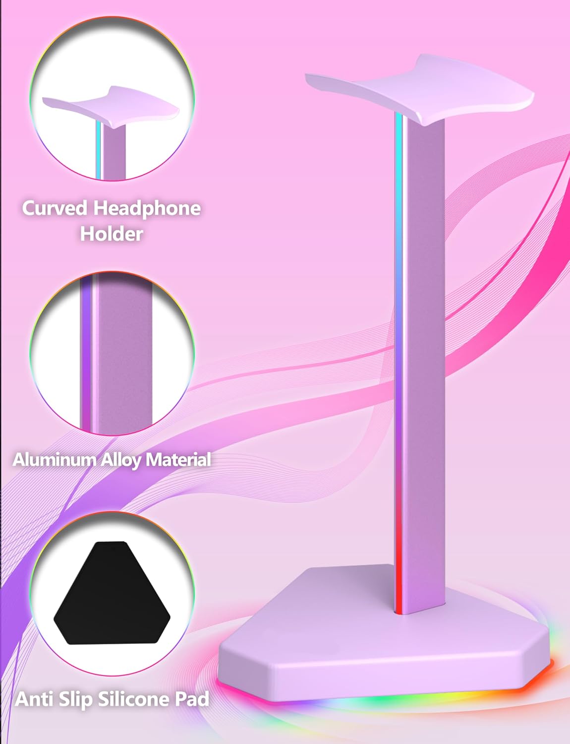 RGB Headphones Stand with 1 USB-C Data Transmission& 3 Type-C Charging Port, Desk Gaming Headset Holder with 7 Light Modes and Non-Slip Rubber Base (Black)
