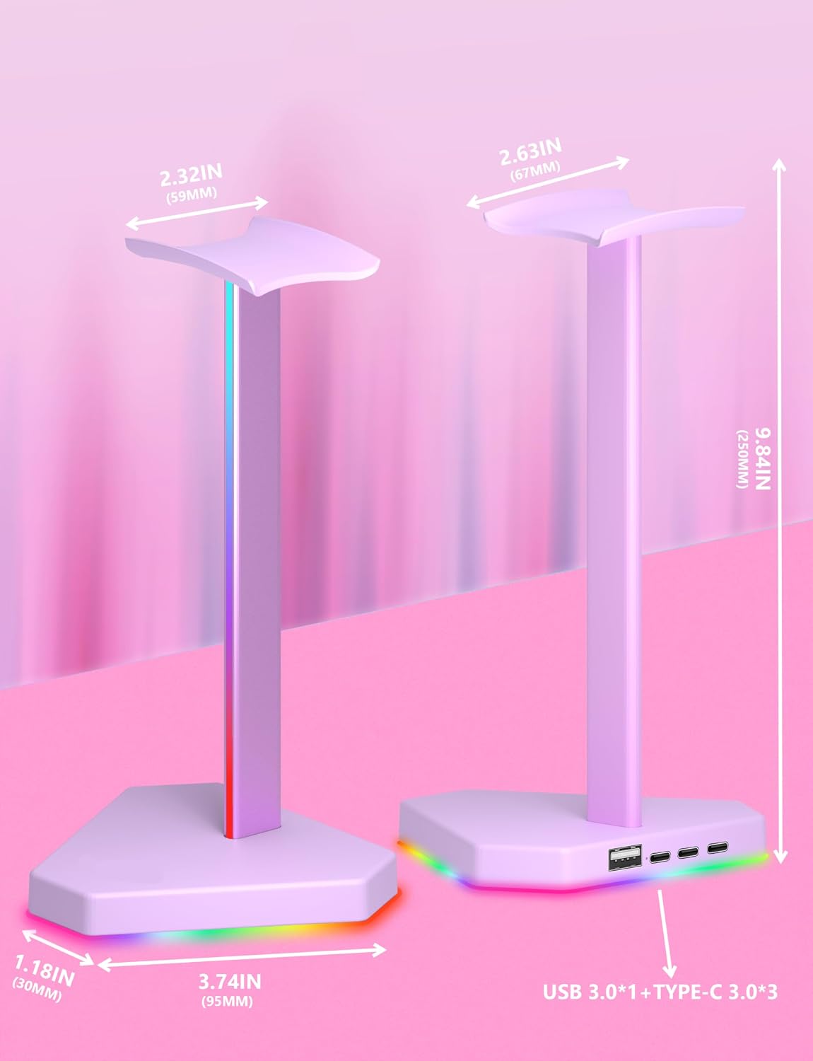 RGB Headphones Stand with 1 USB-C Data Transmission& 3 Type-C Charging Port, Desk Gaming Headset Holder with 7 Light Modes and Non-Slip Rubber Base (Black)