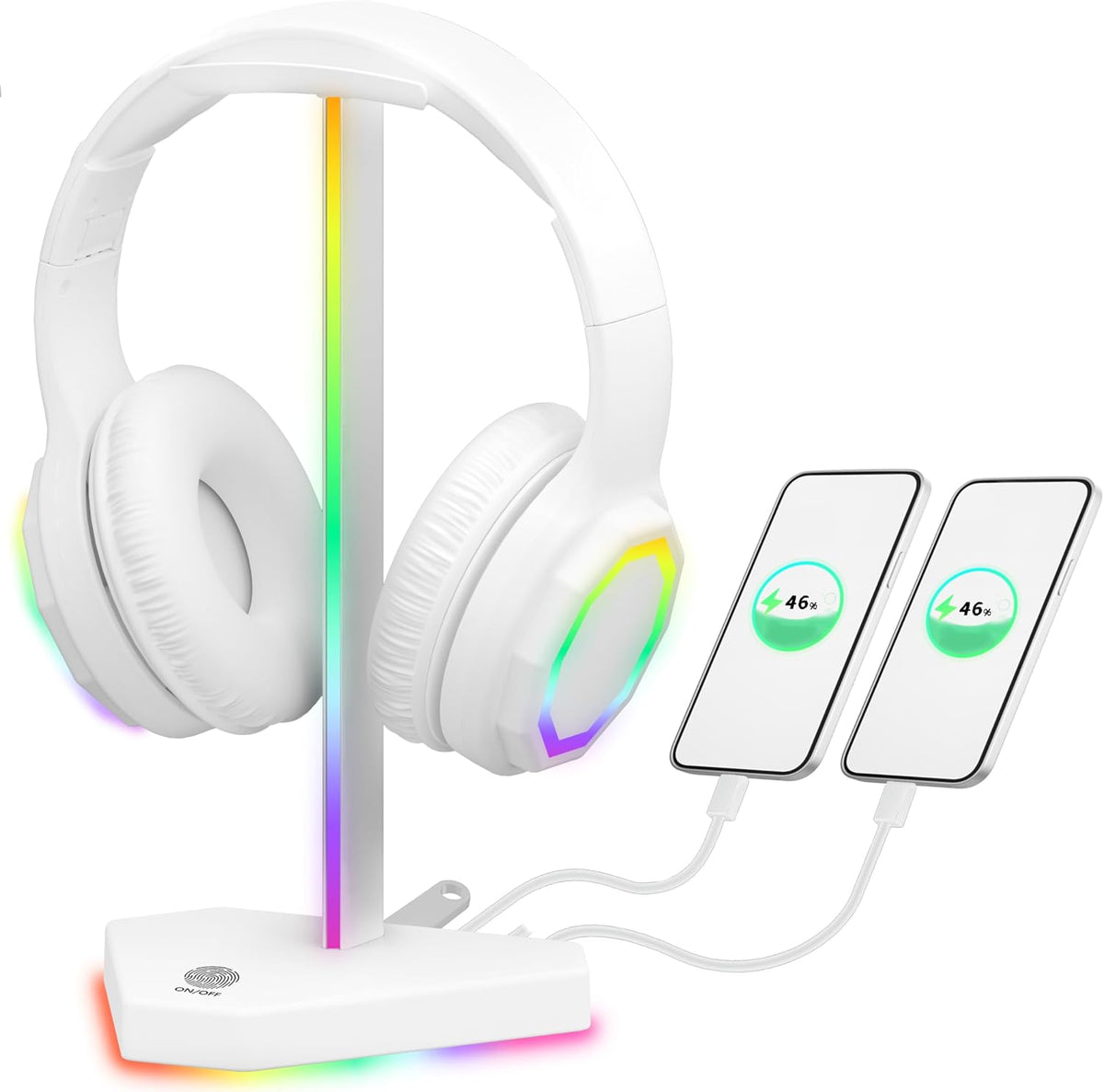 RGB Headphones Stand with 1 USB-C Data Transmission& 3 Type-C Charging Port, Desk Gaming Headset Holder with 7 Light Modes and Non-Slip Rubber Base (Black)