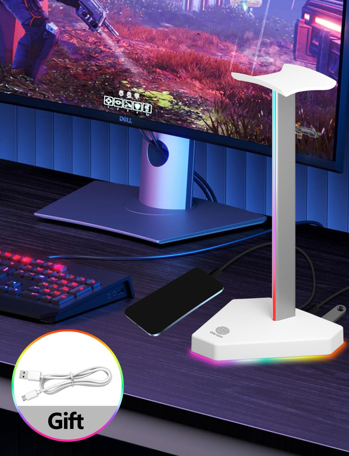 RGB Headphones Stand with 1 USB-C Data Transmission& 3 Type-C Charging Port, Desk Gaming Headset Holder with 7 Light Modes and Non-Slip Rubber Base (Black)