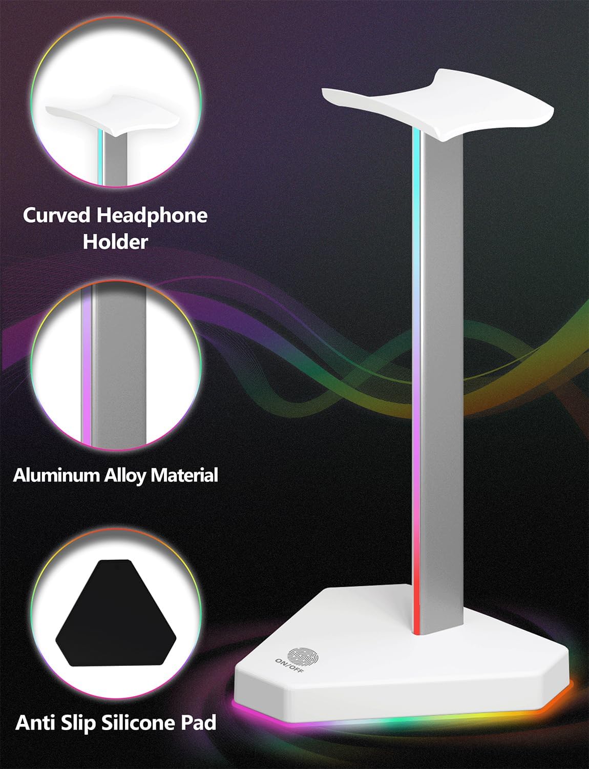 RGB Headphones Stand with 1 USB-C Data Transmission& 3 Type-C Charging Port, Desk Gaming Headset Holder with 7 Light Modes and Non-Slip Rubber Base (Black)