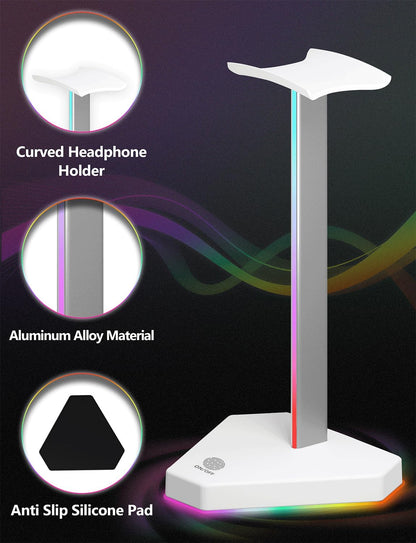 RGB Headphones Stand with 1 USB-C Data Transmission& 3 Type-C Charging Port, Desk Gaming Headset Holder with 7 Light Modes and Non-Slip Rubber Base (Black)