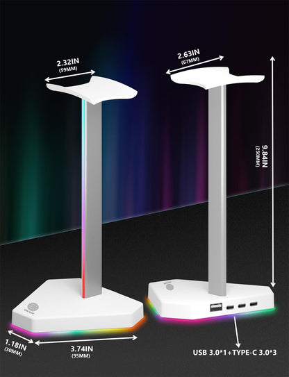 RGB Headphones Stand with 1 USB-C Data Transmission& 3 Type-C Charging Port, Desk Gaming Headset Holder with 7 Light Modes and Non-Slip Rubber Base (Black)