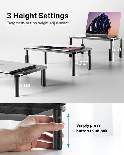 Monitor Stand, Monitor Stand Riser 3 Height Adjustable, Monitor Riser with Airflow Vents, Laptop Stand for Desk, Laptop Riser, Desk Organizer for Monitor, Laptop, PC, Printer