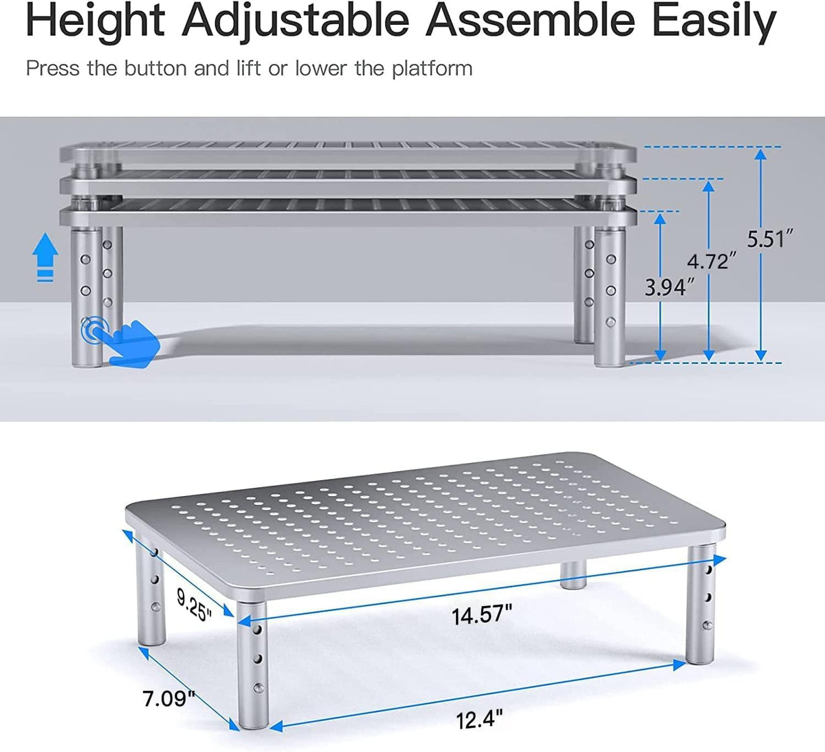 Monitor Stand, Monitor Stand Riser 3 Height Adjustable, Monitor Riser with Airflow Vents, Laptop Stand for Desk, Laptop Riser, Desk Organizer for Monitor, Laptop, PC, Printer