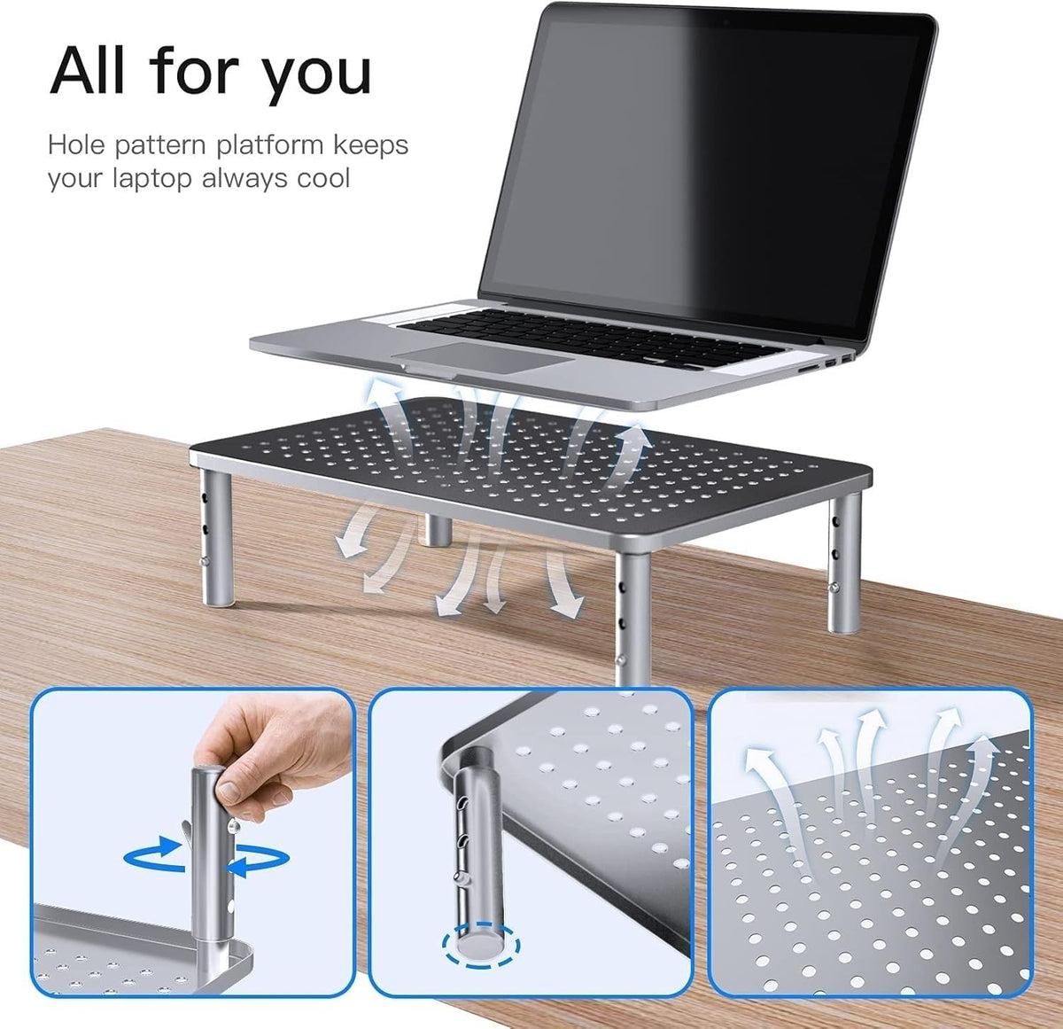 Monitor Stand, Monitor Stand Riser 3 Height Adjustable, Monitor Riser with Airflow Vents, Laptop Stand for Desk, Laptop Riser, Desk Organizer for Monitor, Laptop, PC, Printer