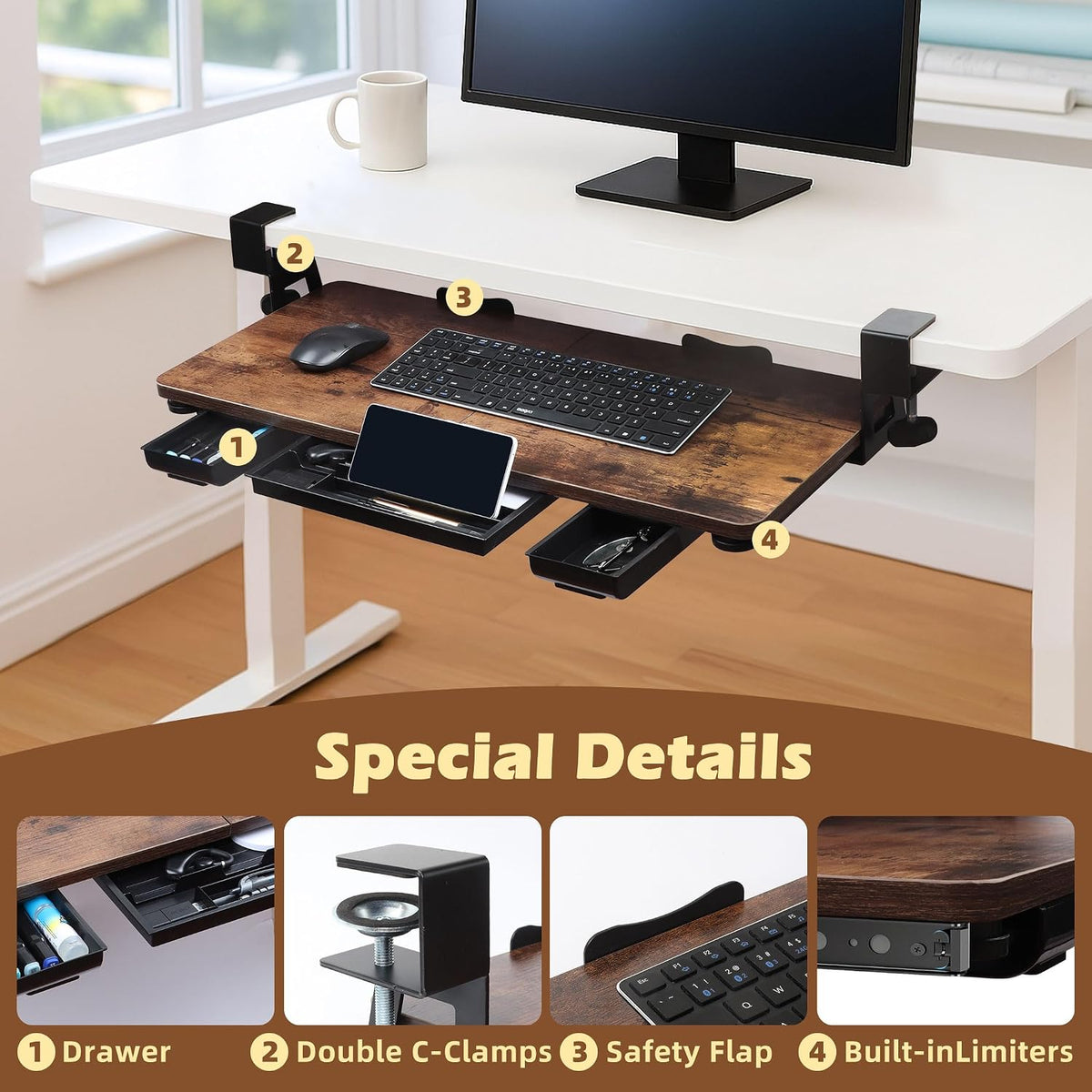 Large 26.77" Keyboard Tray Under Desk with Storage Drawer - Heavy Duty C-Clamp Mount, Ergonomic Computer Keyboard Stand for Home Office, Easy Install (Mahogany)