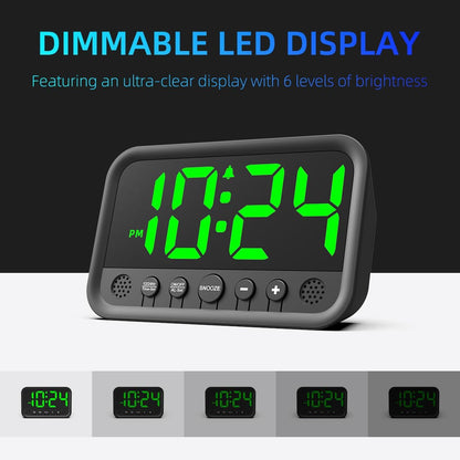 Small LED Digital Clock for Bedroom, Loud Alarm Clock for Heavy Sleepers Adults, Teens | Plug-In Electric Desk Clock | Simple Bedside Nightstand Clock with Adjustable Volume/Brightness/Snooze – Green