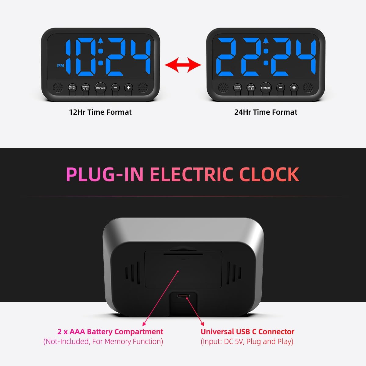 Small LED Digital Clock for Bedroom, Loud Alarm Clock for Heavy Sleepers Adults, Teens | Plug-In Electric Desk Clock | Simple Bedside Nightstand Clock with Adjustable Volume/Brightness/Snooze – Green
