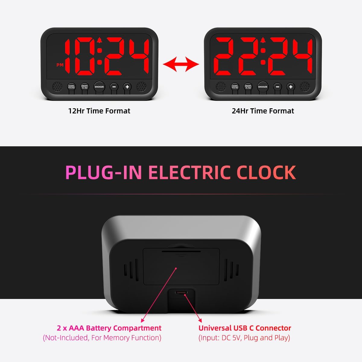Small LED Digital Clock for Bedroom, Loud Alarm Clock for Heavy Sleepers Adults, Teens | Plug-In Electric Desk Clock | Simple Bedside Nightstand Clock with Adjustable Volume/Brightness/Snooze – Green
