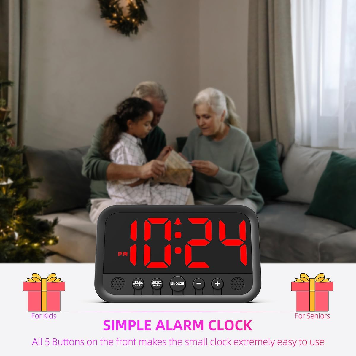 Small LED Digital Clock for Bedroom, Loud Alarm Clock for Heavy Sleepers Adults, Teens | Plug-In Electric Desk Clock | Simple Bedside Nightstand Clock with Adjustable Volume/Brightness/Snooze – Green