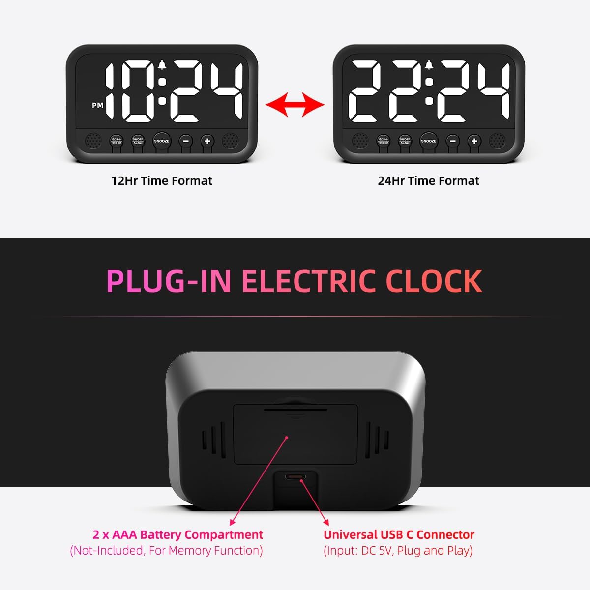 Small LED Digital Clock for Bedroom, Loud Alarm Clock for Heavy Sleepers Adults, Teens | Plug-In Electric Desk Clock | Simple Bedside Nightstand Clock with Adjustable Volume/Brightness/Snooze – Green