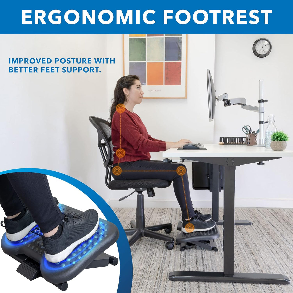 ! Ergonomic Under Desk Footrest with Massage Rollers, Adjustable Height & 30° Tilt Foot Rest Under Desk (4.25"–6.75"), Office Foot Stool with Non Slip Surface