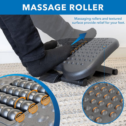 ! Ergonomic Under Desk Footrest with Massage Rollers, Adjustable Height & 30° Tilt Foot Rest Under Desk (4.25"–6.75"), Office Foot Stool with Non Slip Surface
